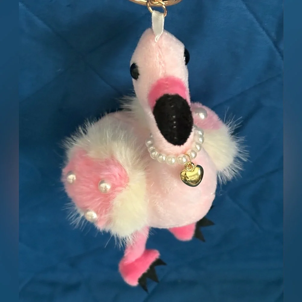 Natasha Couture Fluffy Pink Flamingo Faux Pearl Necklace Handbag Charm Key Chain